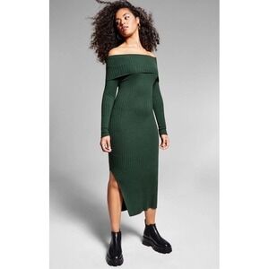 Jeannie Mai x I.N.C Janelle Dress M Green Ribbed Off Shoulder Bodycon Midi Slit